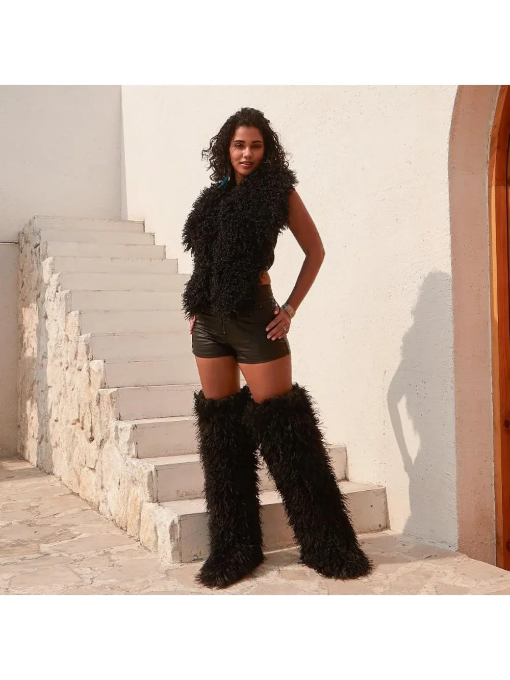 Women's Black Shaggy Faux Furry Fuzzy Fluffy Flat Knee-High Slouchy Snow Boot